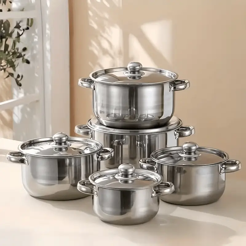 5-Piece Heavy Duty Stainless Steel Cookware Set - Stainless Steel Soup Pot - Durable, Versatile, Easy to Clean, Suitable for All Stoves, Non-Stick, Scratch Resistant, Dishwasher Safe - Perfect for Home Kitchen Cooking