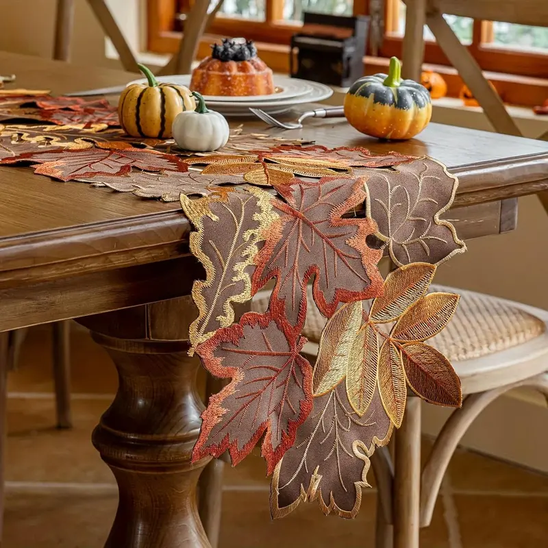 Festive Embroidered Maple Leaf Polyester Table Runner, Multi-Size (35x176cm, 40x85cm) Rectangular Rustic Farmhouse Thanksgiving Decor for Dinner Table, Holiday Party