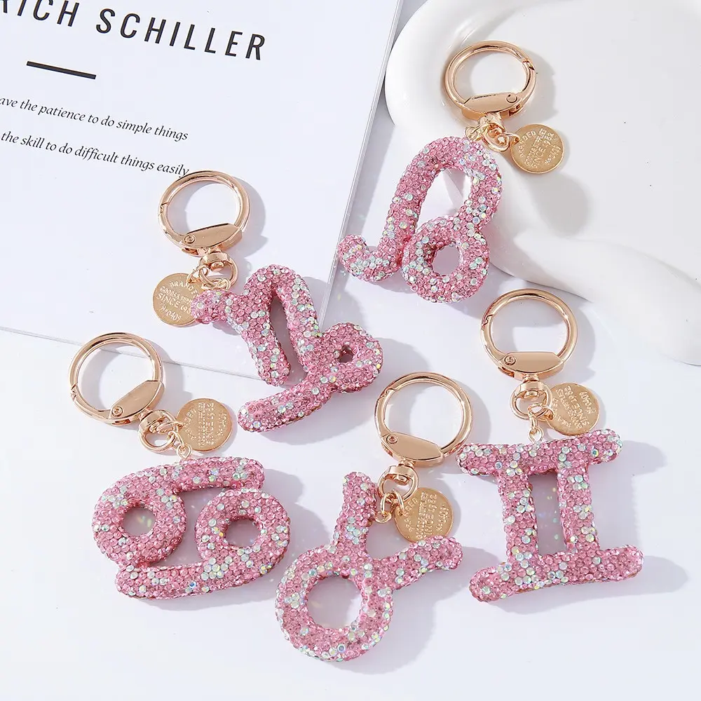 Rhinestone Zodiac Keychain, Sweet Bling Style, Letter Pendant, Lucky Charm, Bag Key Decoration, Fashion Accessory for Girls