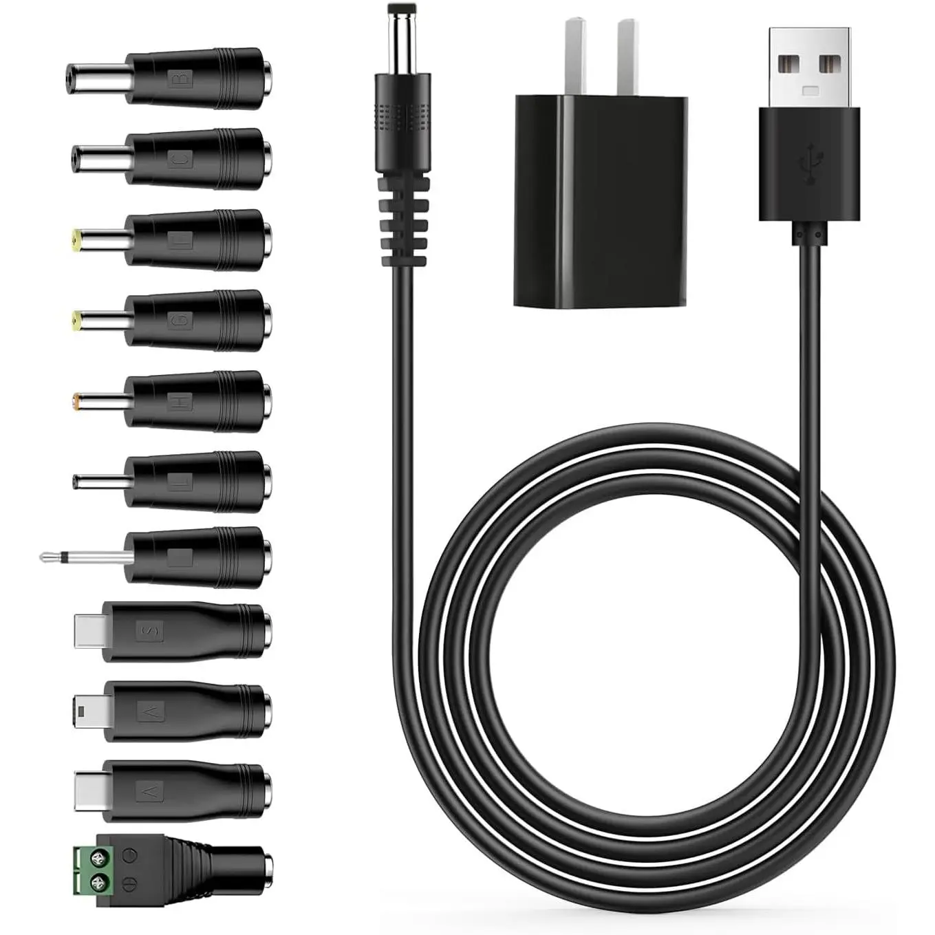5V 1A Multifunction Charger Power Core, USB to DC   Set with Adapter & 11 Connectors (-USB, Type-C, Mini USB, 5.5x2.1, 2.5x0.7, 3.0x1.1, 3.5x1.35, 4.0x1.7, 4.8x1.7, 5.5x2.5) 3.3FT