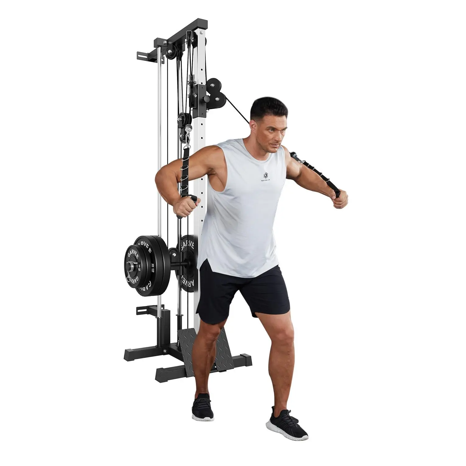 Wall Mount Cable Station, LAT Pulldown Machines with 19 Positions Dual Pulley System, Cable Crossover Machine with Footplate, T-Bar and More Attachments Workout Equipment Home Gym