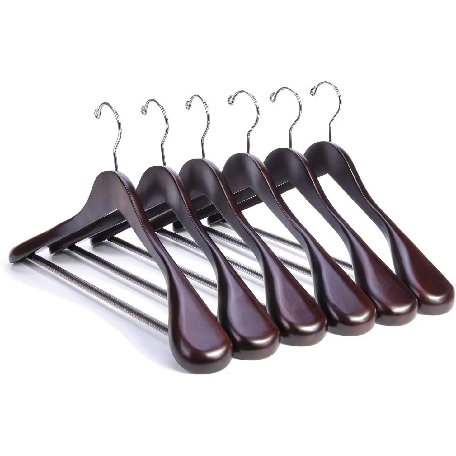 Luxury Mahogany Wooden Suit Hangers - 6 Pack - Wood Coat Hangers,Jacket Outerwear Shirt Hangers,Glossy Finish with Extra-Wide Shoulder, 360 Degree Swivel Hooks & Anti-Slip Bar with Screw