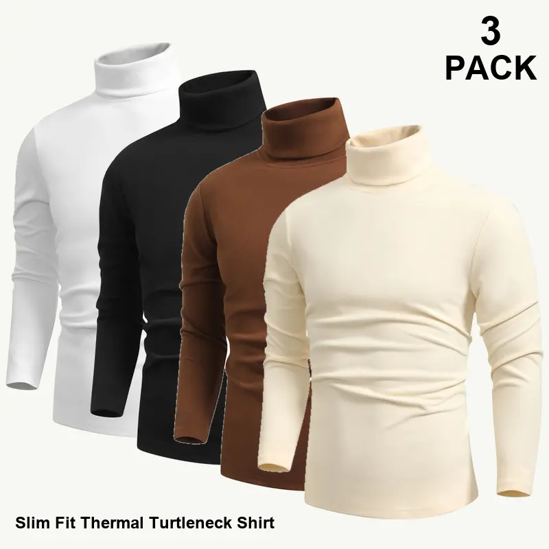 Men's Plain 3-Pack Longsleeves Turtleneck Sweatshirts, Menswear Tops, Relaxed Layering, Ribbed Finish, Casual Streetwear for Work & Daily Outfits - W-18 Option 1