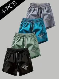 Men's Breathable Ice Silk Quick-Dry Shorts, Western Bull Print, Gym Training, Beach Vacation, Commute, Home Wear, Loose Fit, 4 Pairs