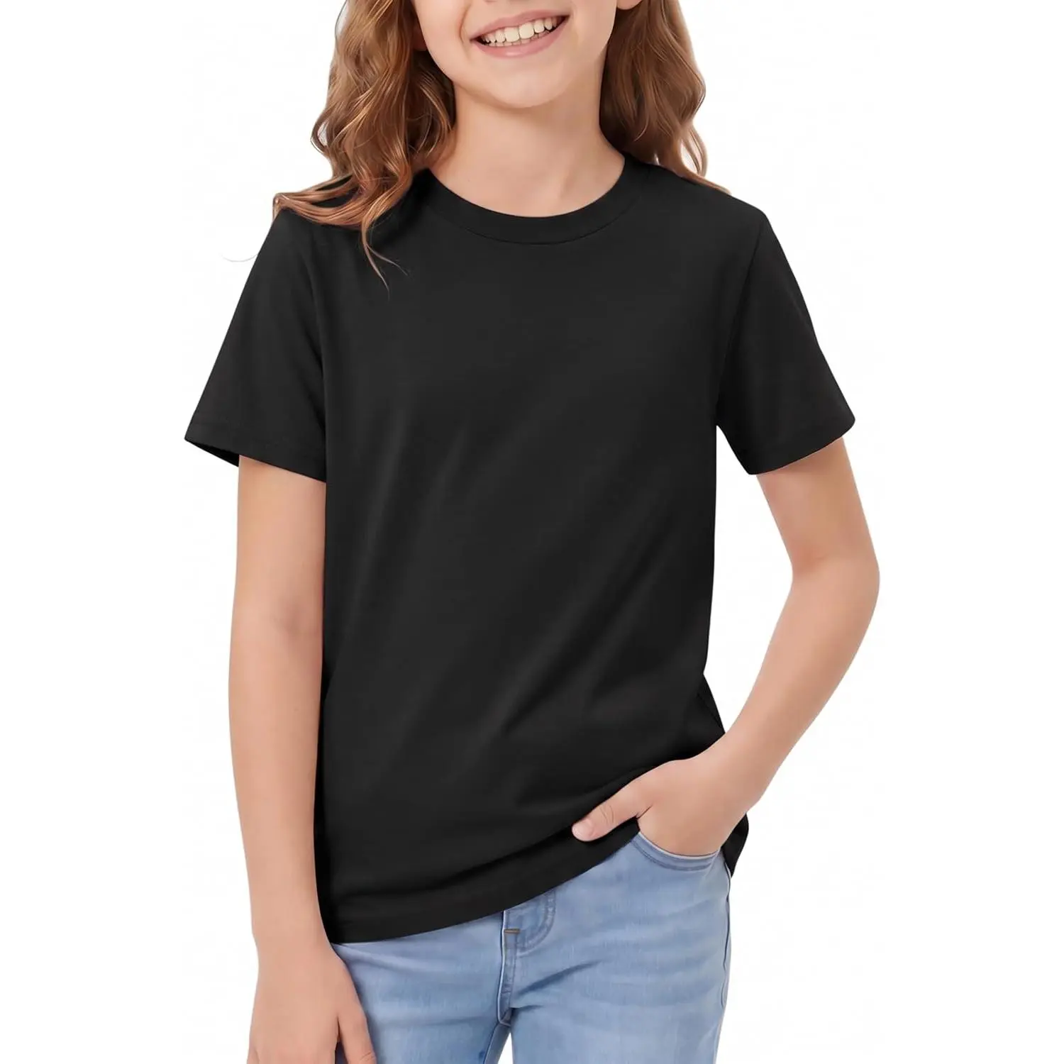 Girls Short Sleeve T-Shirts, Crewneck Solid Casual Tops for Kids, Summer Tees Ages 5-14