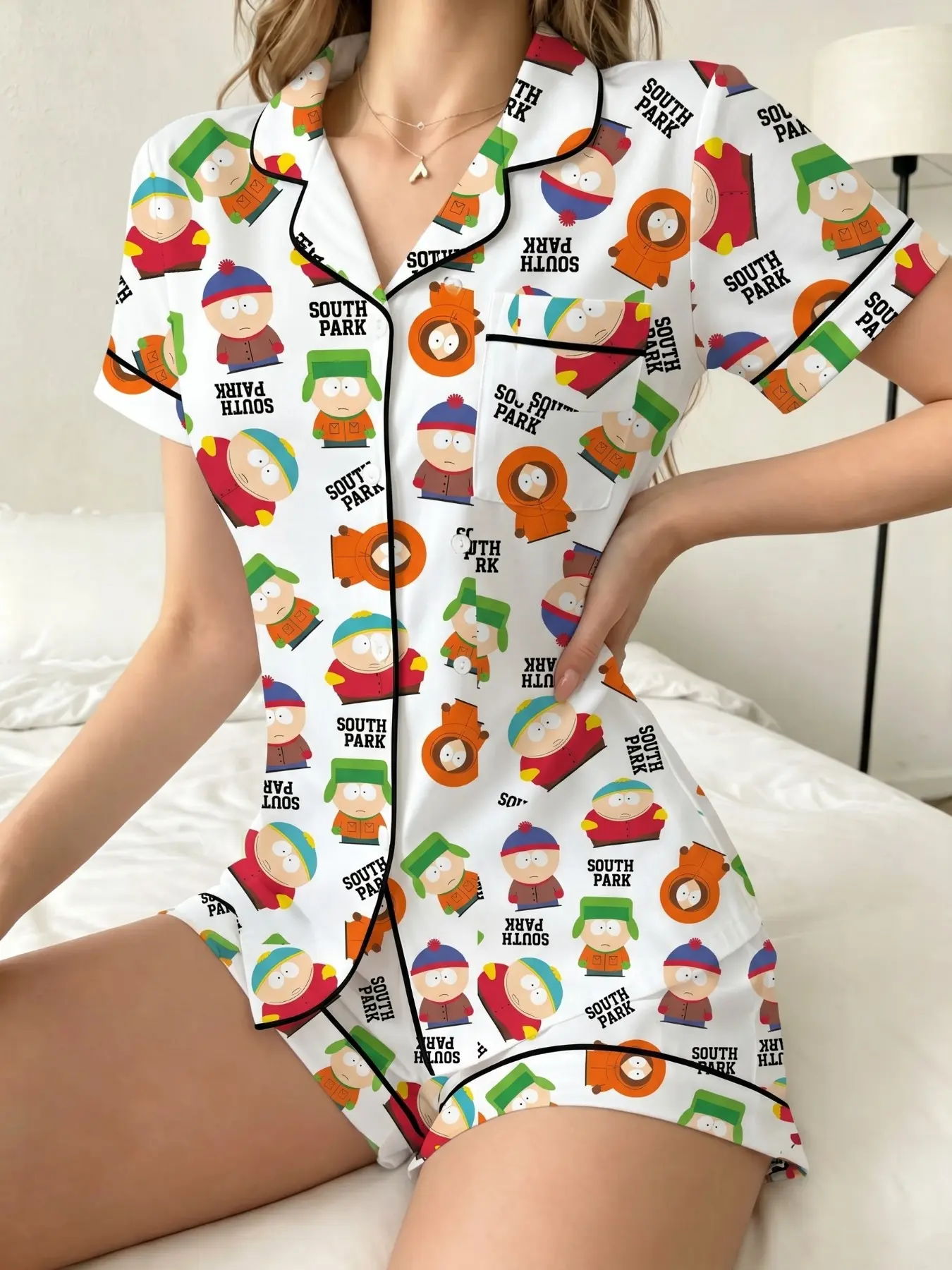 Women's Pajama Set, Lounge Pjs Set, Collared Sleepwear, South Park Pattern Print, Comfortable Nightwear, Loungewear, Soft Fabric, Casual Loose-Fitting, Short Sleeve, Above Knee Hem, Casual Pyjama Set