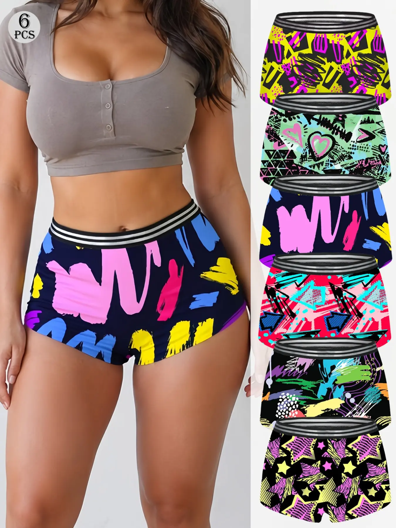 Morvia 6 Pack Bold Neon Graphic Boyshort Panties, Y2K High Waisted Underwear, Smooth Stretch Fit, Fashion Comfy Underwear, Lounge, Sleep, Daily Wear