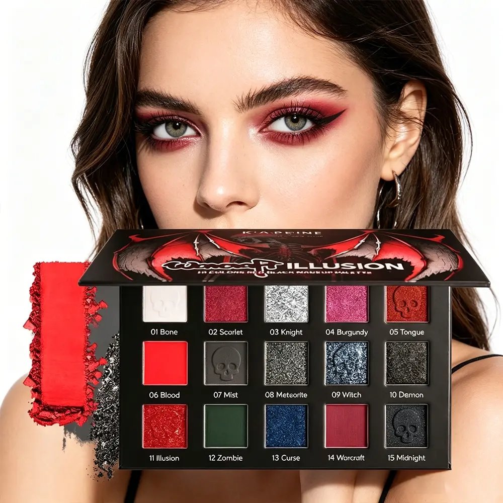 15 Colors Gothic Bat Skull Eyeshadow Palette, Red Black Burgundy Matte Shimmer Glitter Multi-finish Makeup, High Pigment Blendable Non-flying Powder, Perfect for Halloween Cosplay, Punk Smoky Eyes & Creative Stage Makeup