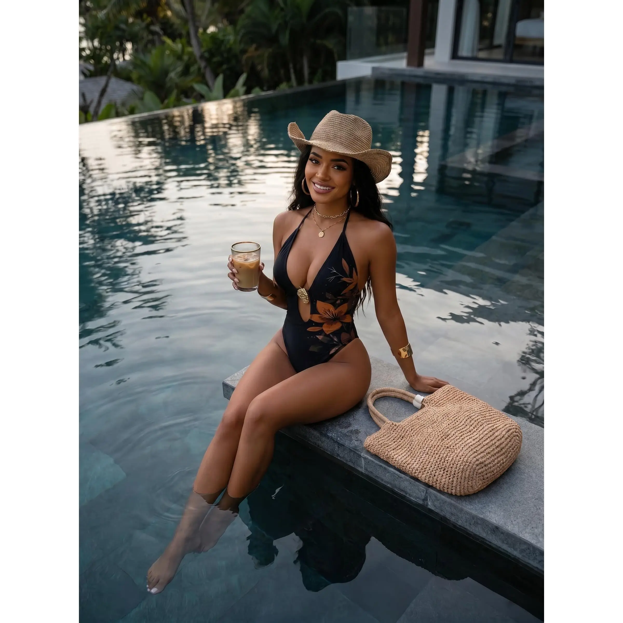 Women’s Black & Brown Vintage Floral Print Halter 1-Piece Swimsuit - Deep V-Cutout, Metal Buckle, Tummy Control, High-Cut, Backless, Quick-Dry, Stretch Bathing Suit for Beach, Tropical Vacation, Swimsuits Tummy Control, Tummy Control Swimwear