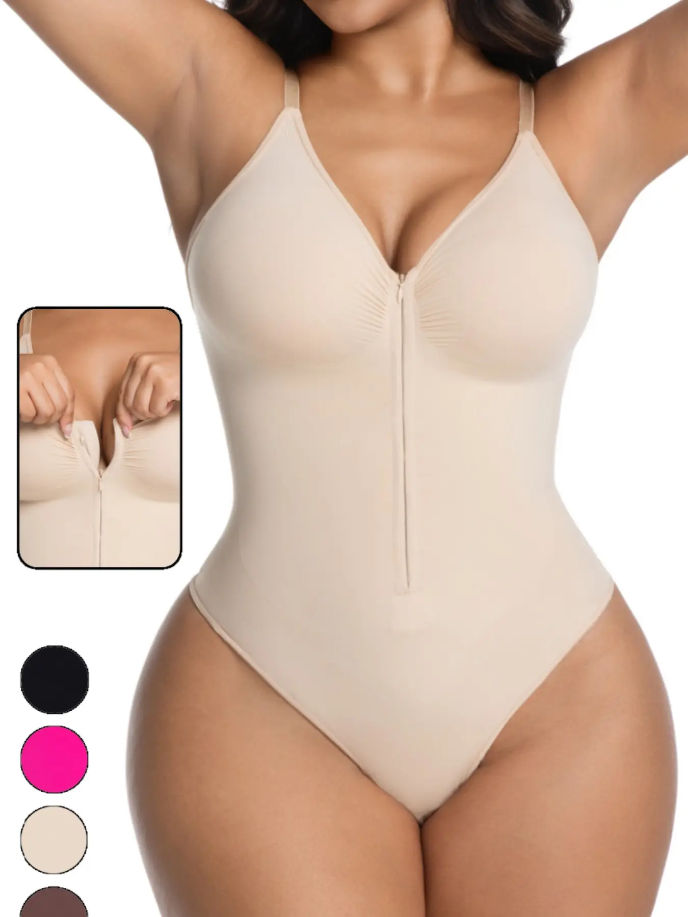 Women's High Elastic V Neck Front Zip Bodysuit Shapewear with Inner Hooks & Thong Bottom, High Compression Tummy Control Corset Top, Snatched Curves Outfit for Daily & Wedding Guest Wear