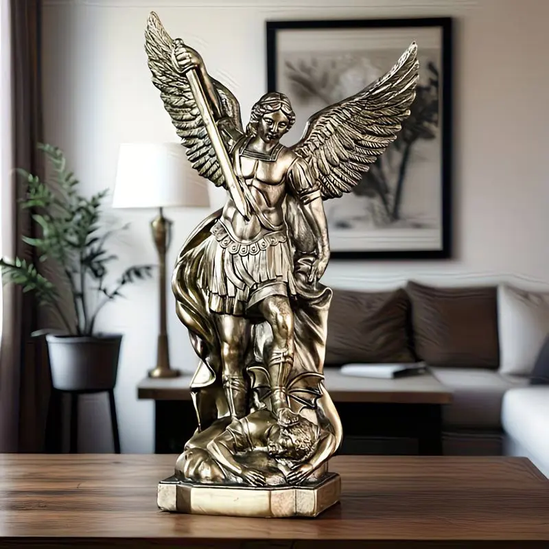 One St. Michael Angel - Handmade resin religious figurine, with exquisite wing and feather design, suitable for Thanksgiving & Christmas home decoration, angel ornaments and Halloween decorations.