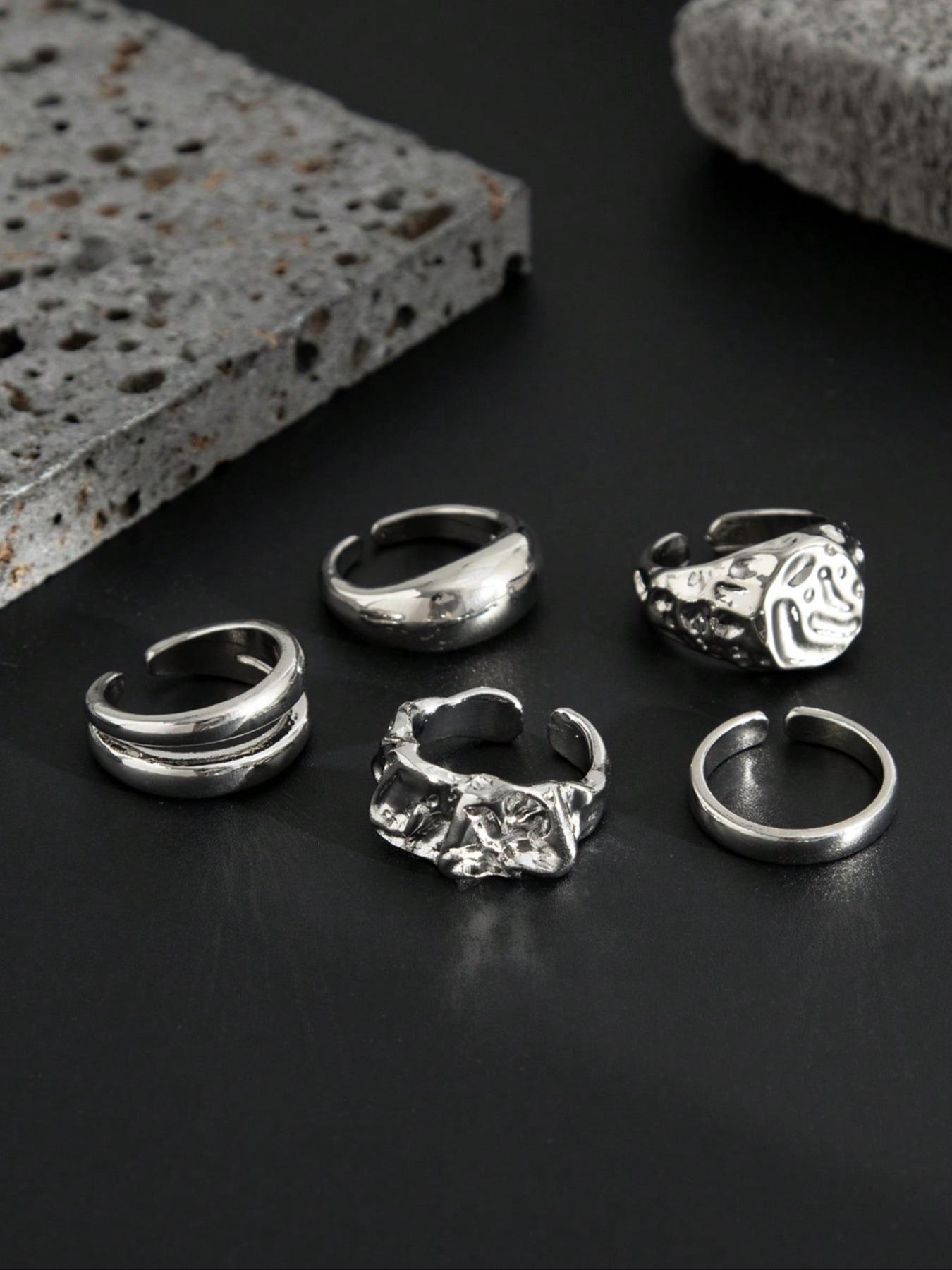 Men's Punk Style Geometric Liquid Metal Set, Zinc Alloy Adjustable Jewelry, Casual Fashion Accessory for All Seasons, Stacking Ring Set, Geometric Design Ring, Statement Rings, Stackable Rings