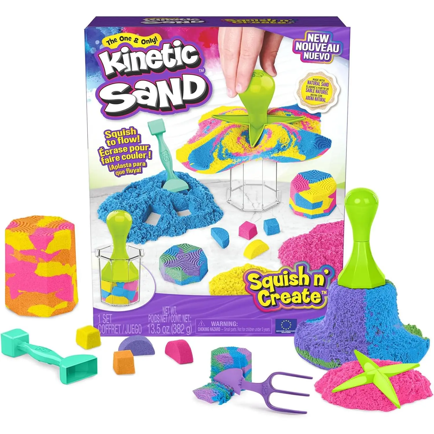 Kinetic Sand, Squish N’ Create Playset with 13.5oz Blue, Yellow & Pink Play Sand, 5 Tools, Sensory Toys for Kids Ages 3 and up