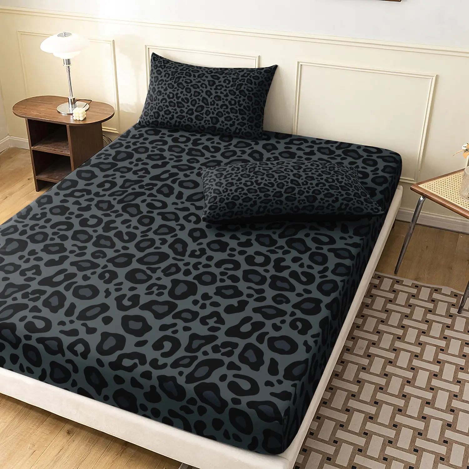 3 Pieces Dark Grey Black Leopard Spots Fitted Sheet Set, Wild Animal Print Bedding, Decorative Bedding Set, Decorative Bedsheet Sets, Soft Microfiber Bedding For Bedroom Home Decoration, Multiple Sizes Available (1 Fitted Sheet + 2 Pillowcases, No Pillow)