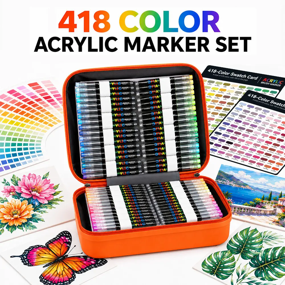 418 Colors Acrylic Marker Set, Suitcase Design, Portable No-Press Markers, Ideal for Students, Art, Crafts, Canvas, Wood, Plastic