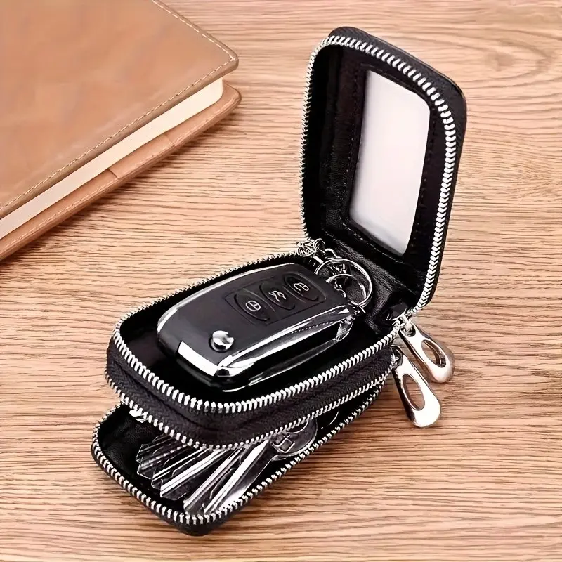 Large Capacity Key Organizer Wallet for Women Men, Double Zipper Key Holder Case with Mirror, Multi-functional Car Key Bag Storage Pouch for Purse, Car Key Accessory