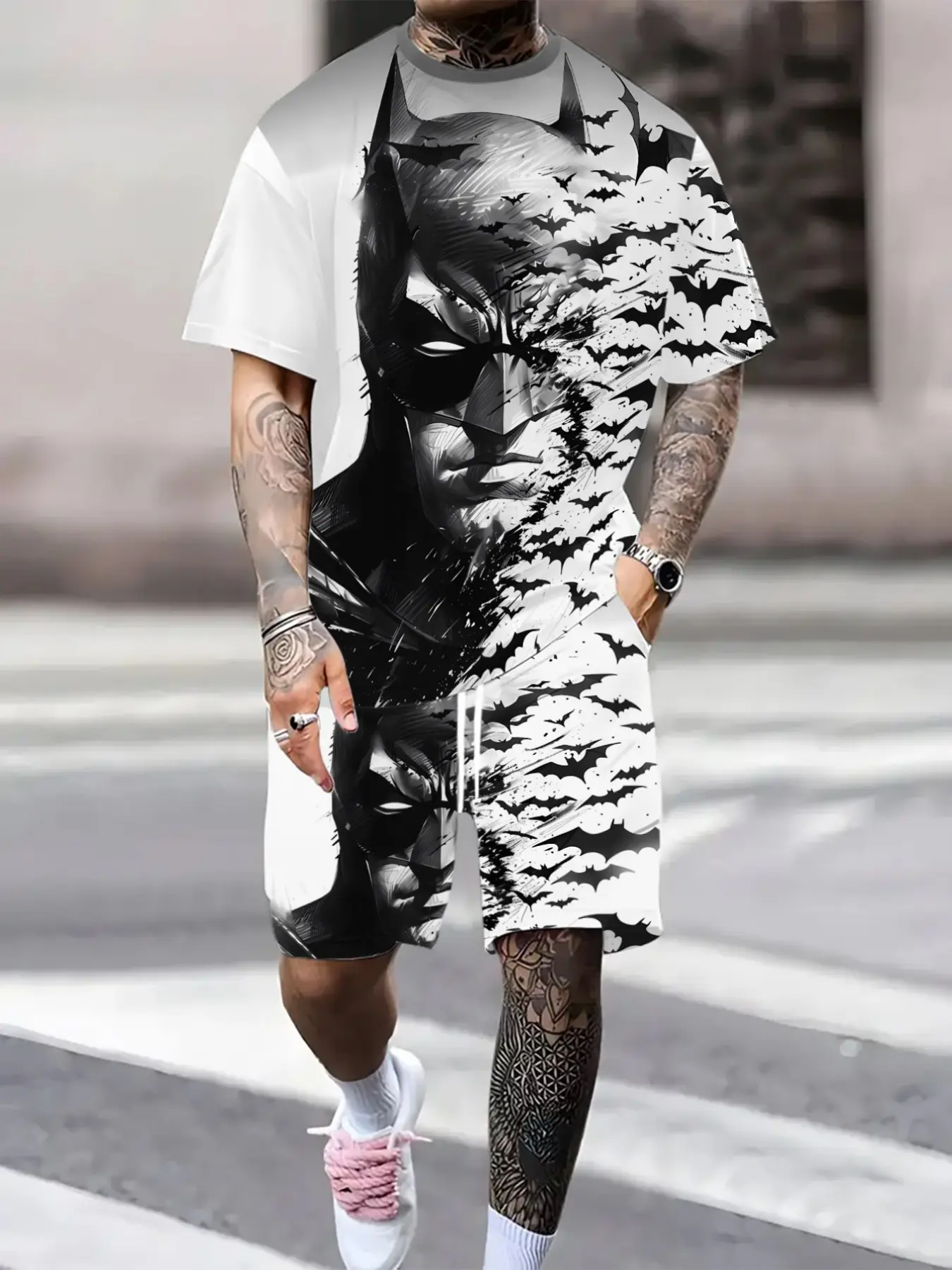 Men's Innovative Short Sleeved Shorts Set, New Warner Collaboration, Superhero Print, Casual Sports, Comfortable Fit