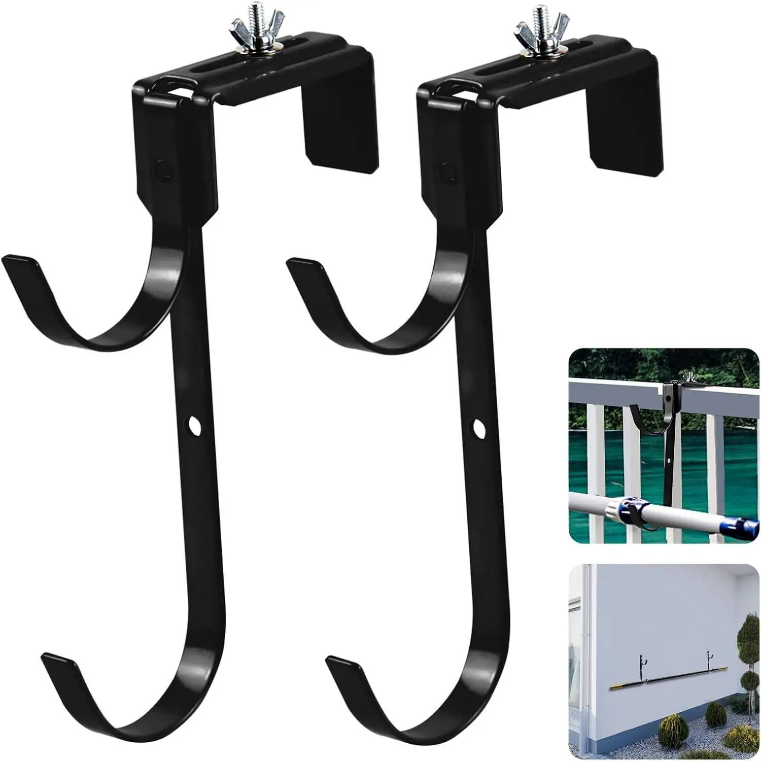Pool Pole Hanger with Universal Hooks - Fence Hooks for Hanging Pool Accessories, Skimmers, Leaf Rakes, Brushes, Garden Tools (2 Sets, Black)