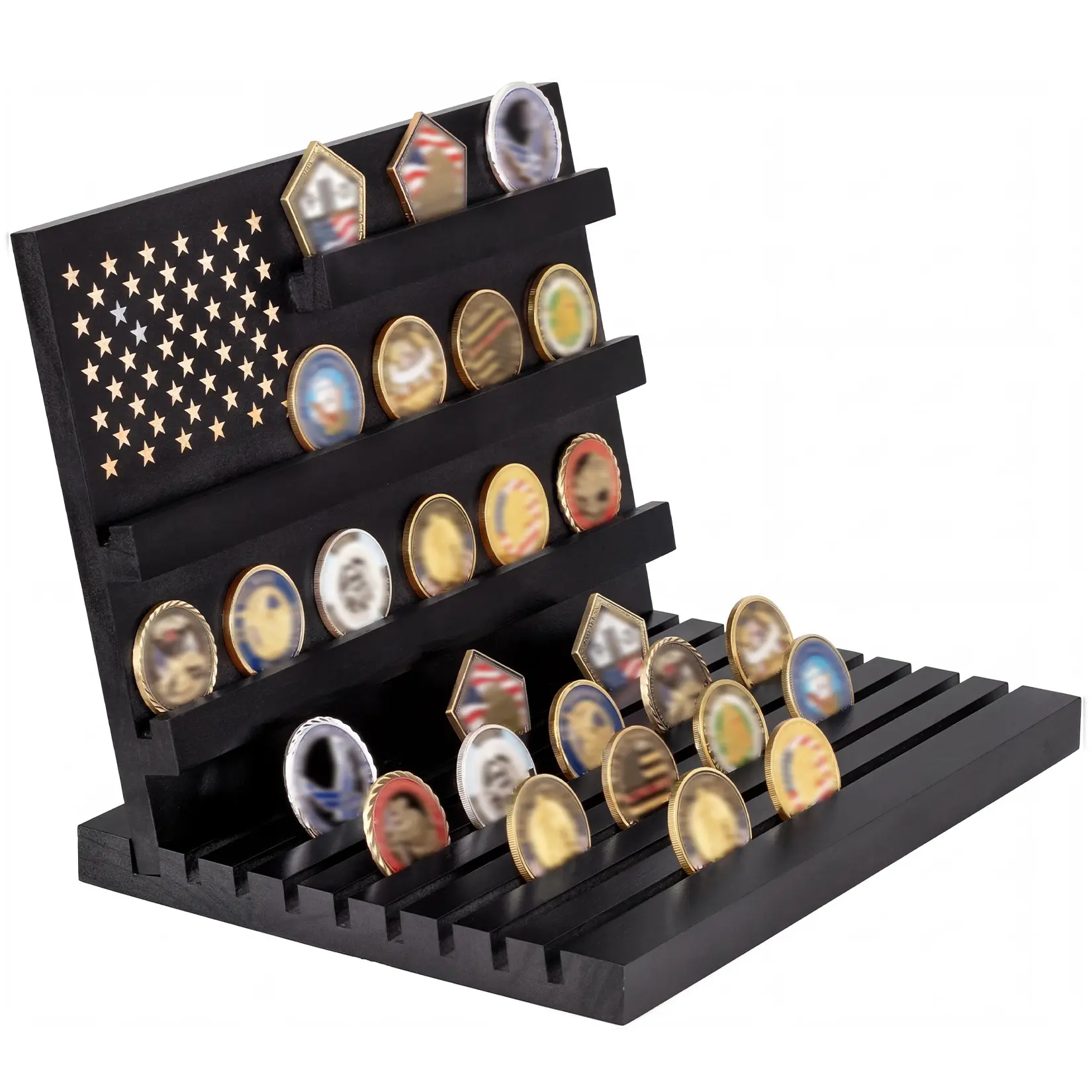 Walnut Wooden Military Challenge Coin Display Stand - Multi-Tier American Flag Coin Holder Rack, Commemorative Token Organizer Showcase, Decoration Gift for Veterans, Man Cave Gadgets