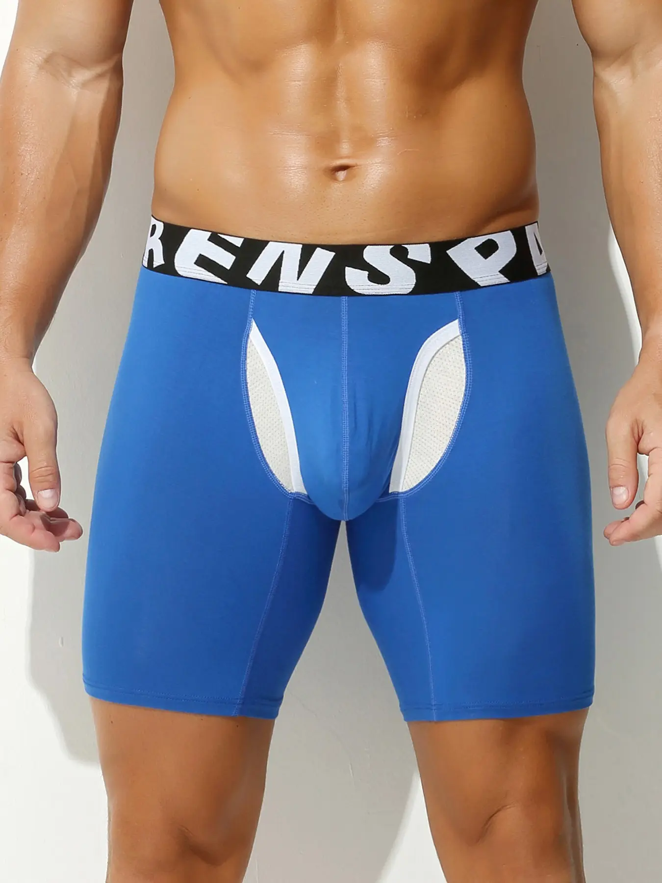 Classic, casual, solid-color, form-fitting long boxer briefs with a double-opening, contoured front pouch design; breathable, moisture-wicking athletic underwear with a lettered waistband; men’s boxer shorts for fitness, sports, and everyday wear