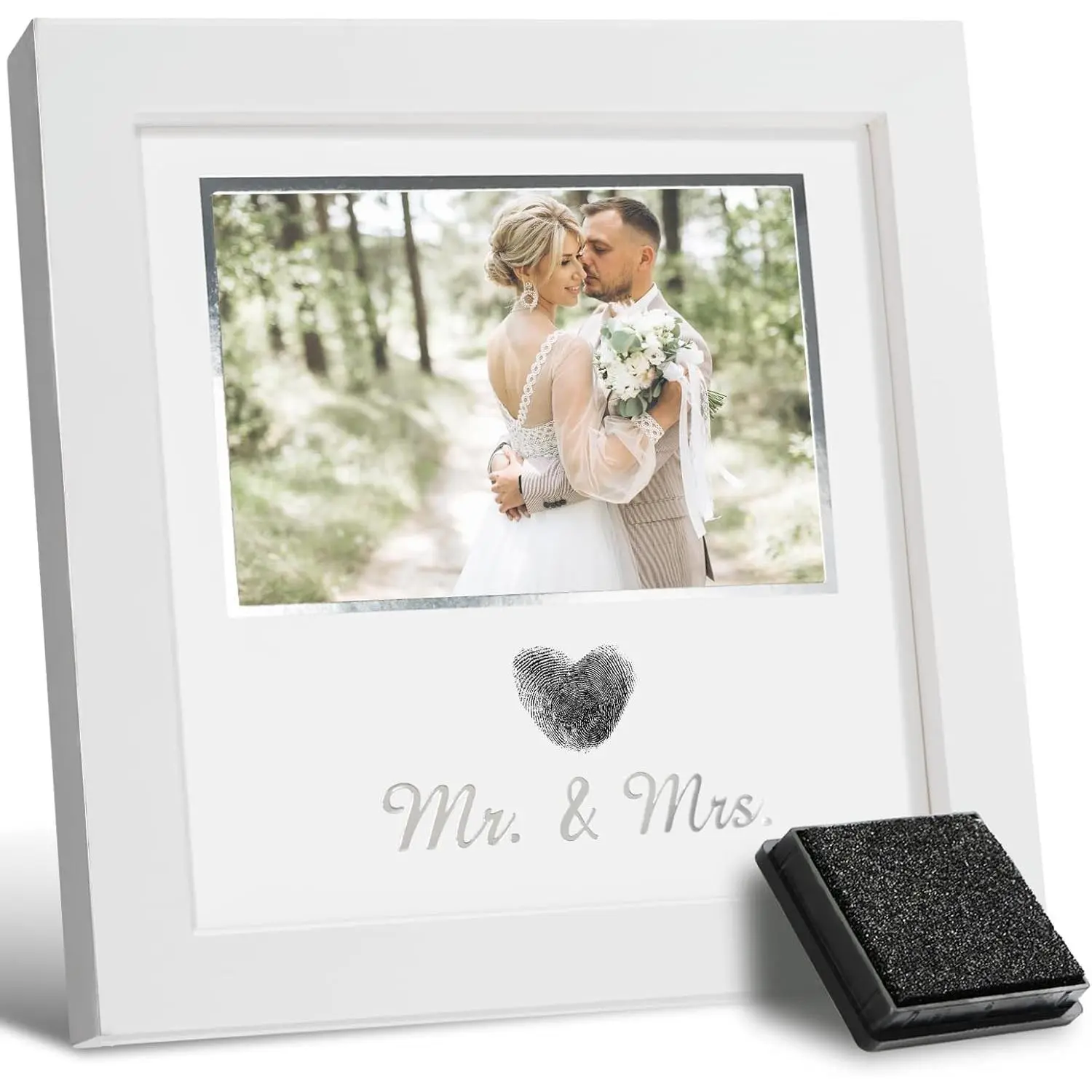 Heart Thumbprint Wedding Picture Frame with Ink Kit, Personalized Engagement Gift for Couples, Keepsake Bridal Shower Gift for Mr and Mrs Newlywed, WhiteGift
