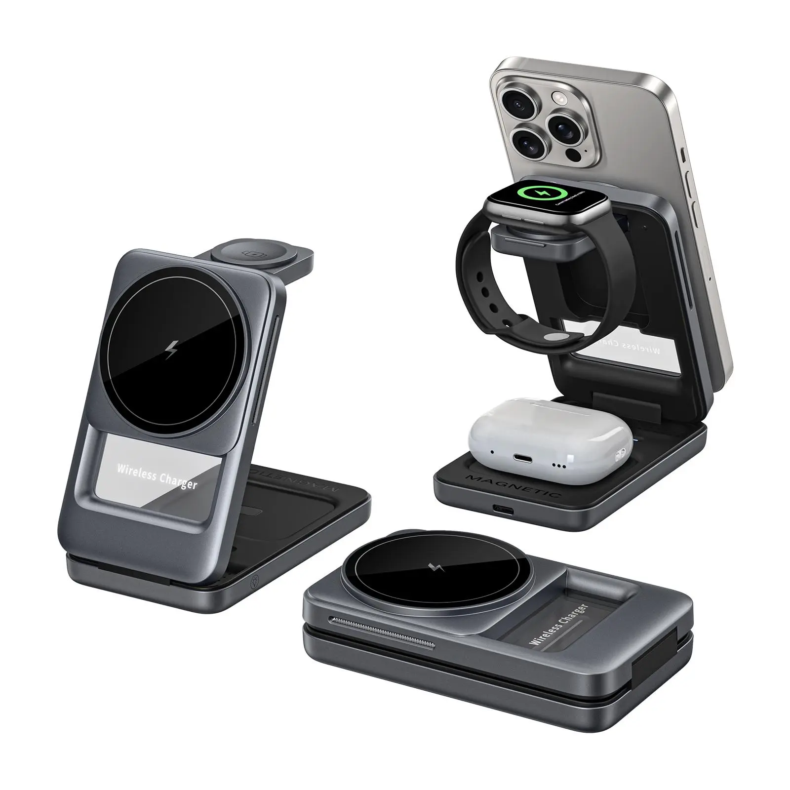 S29 3-in-1 Magnetic Wireless Charger for iPhone, Apple Watch & AirPods, Foldable Fast Qi Charging Dock with Adjustable Light