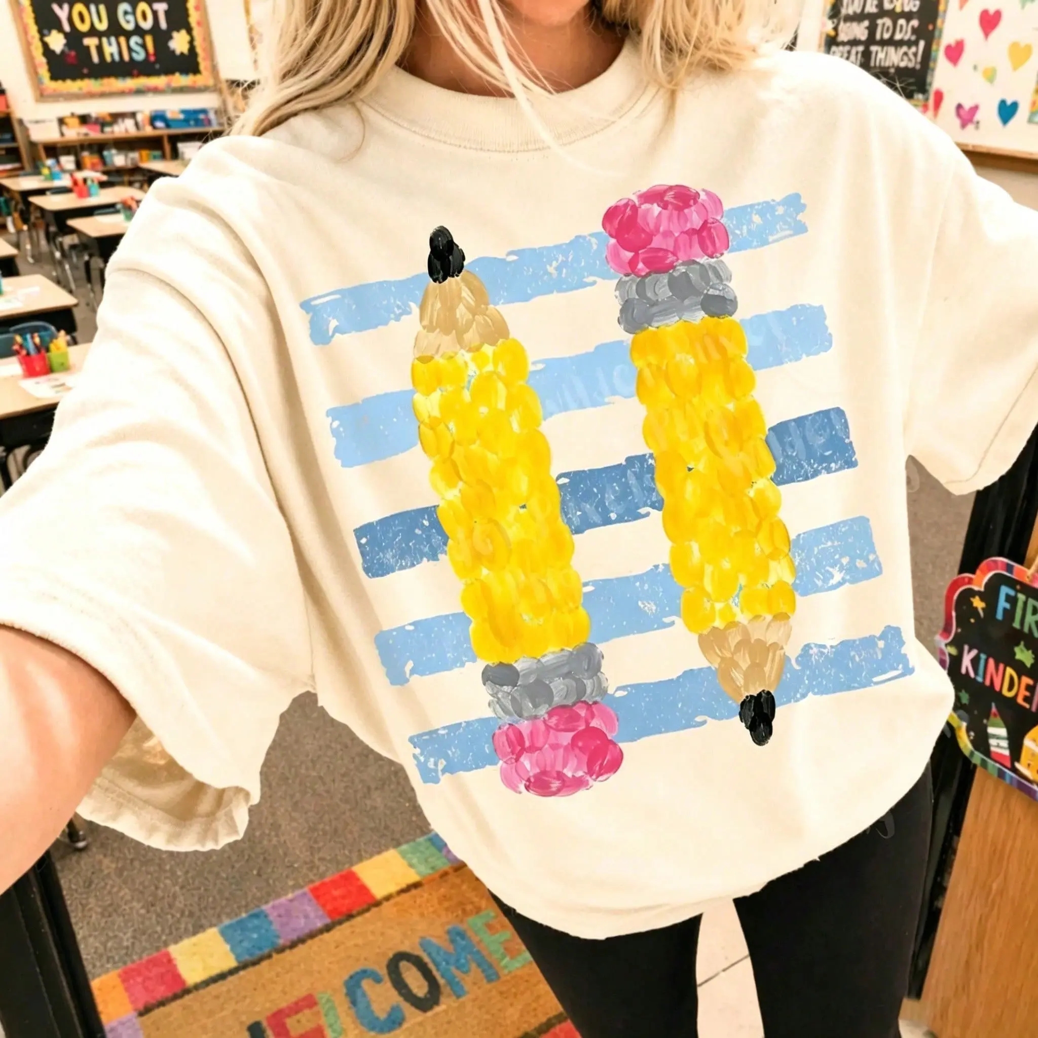 Shortsleeve Retro Pencil Graphic Teacher Tee, Loose-Fit Breathable Cotton Fabric Top with Cute Alphabet Print, Casual Classroom Shirt for Educators (Back to School Piece)