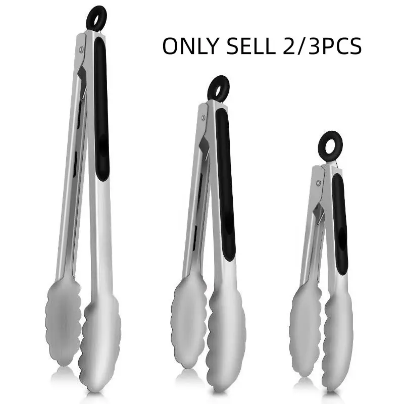 Thickened Stainless Steel Food Tongs Set, Non-Slip Handle, High Heat Resistant BBQ Tongs, Barbecue Utensils, Grilling Tools, BBQ Accessories, Ideal for Grilling, Baking, Serving, Outdoor BBQ Utensils