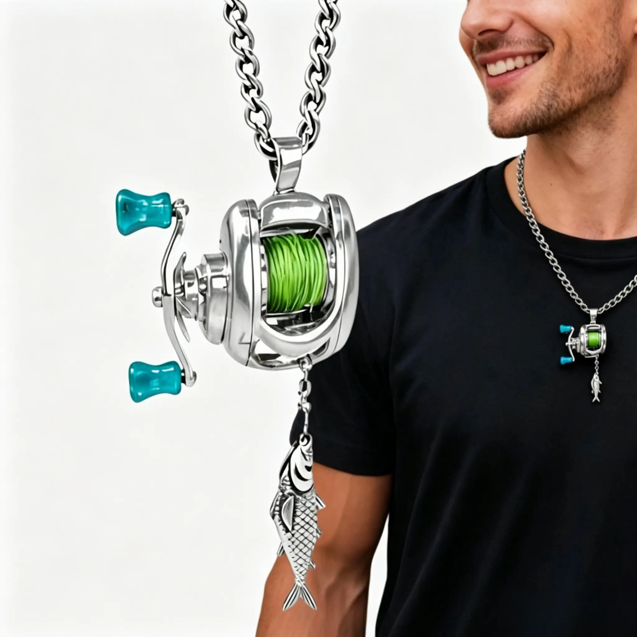 Fishing Reel Necklace Stainless Steel Interactive Pendant with Adjustable Real Line, Fish Charm, Necklaces for Men Women, Unique Fidget Gift for Anglers`