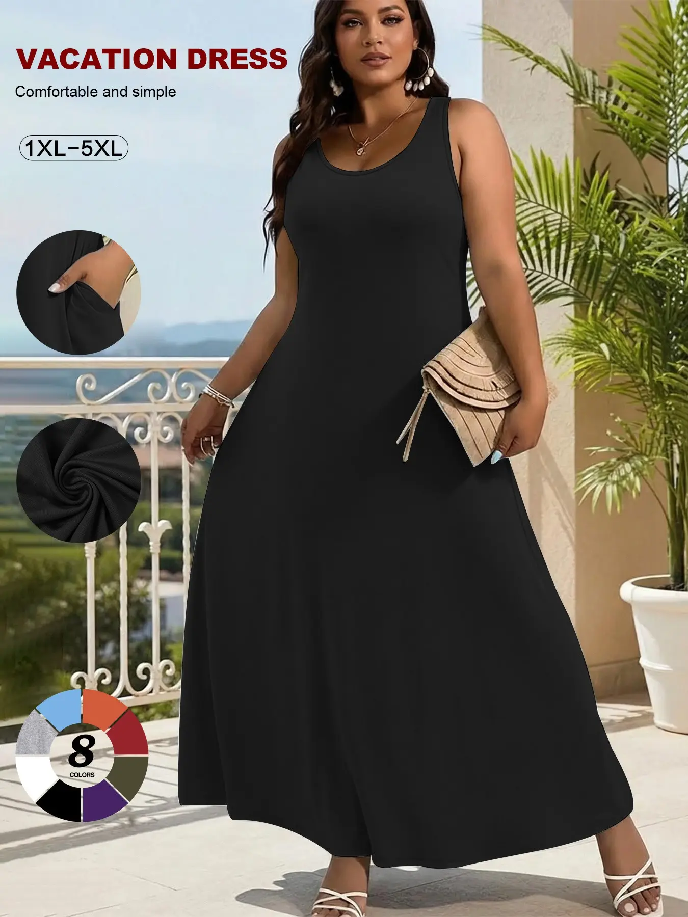 Womens Plus Size Sleeveless Maxi Dress Casual Loose Fit Solid Color Summer Beach Vacation Dress