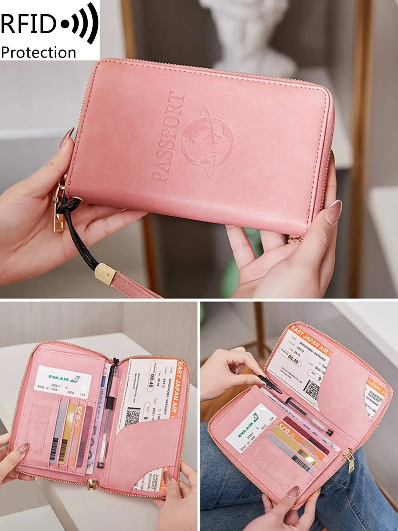 Solid Color Passport Bag, Passport Holders, RFID Anti-Theft Brush, Multifunctional Passport Storage Bag, Can Hold Cards, Banknotes, Airline Tickets, With Wrist Strap, Suitable For Men And Women, Travel, Going Abroad, Business Travel