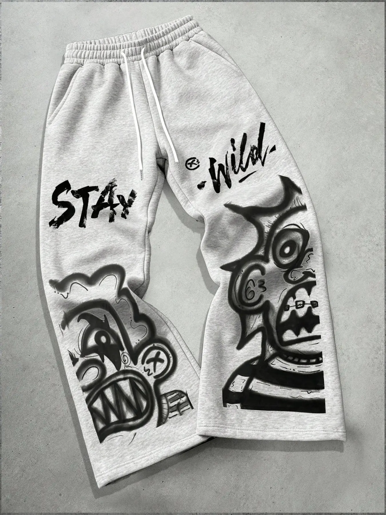Men's Heather Grey Wide Leg Sweat Pants, "STAY WILD" Graffiti Text Distorted Cartoon Monster Face Print Gothic Grunge Y2K Hip Hop Streetwear Drawstring Loose Straight Baggy Jogger Trousers with Side Pockets for Men
