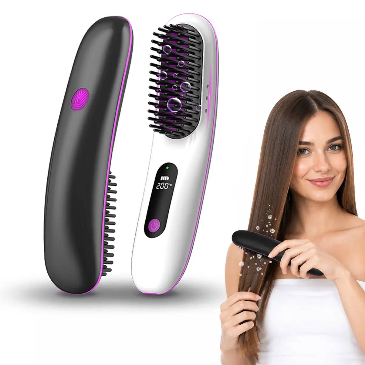 [DOCHEN] 2-in-1 Cordless Plasma Hair Straightener Brush & Curling Iron, 5200mAh Rechargeable, 5B Ions, 3 Temp Settings Up to 200°C, MCH Fast Heating, Auto Shut-Off, Perfect Gift for Girlfriend and Mom