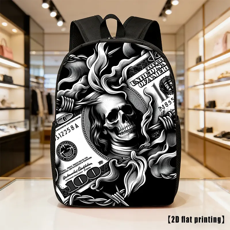 Gothic Backpack with Cash Skull Art, Polyester School Bookbag with Bold Graphics for Teens, Adults, Lightweight Streetwear Travel Daypack, Backpacks For School, Polyester Fabric, Roomy Compartment