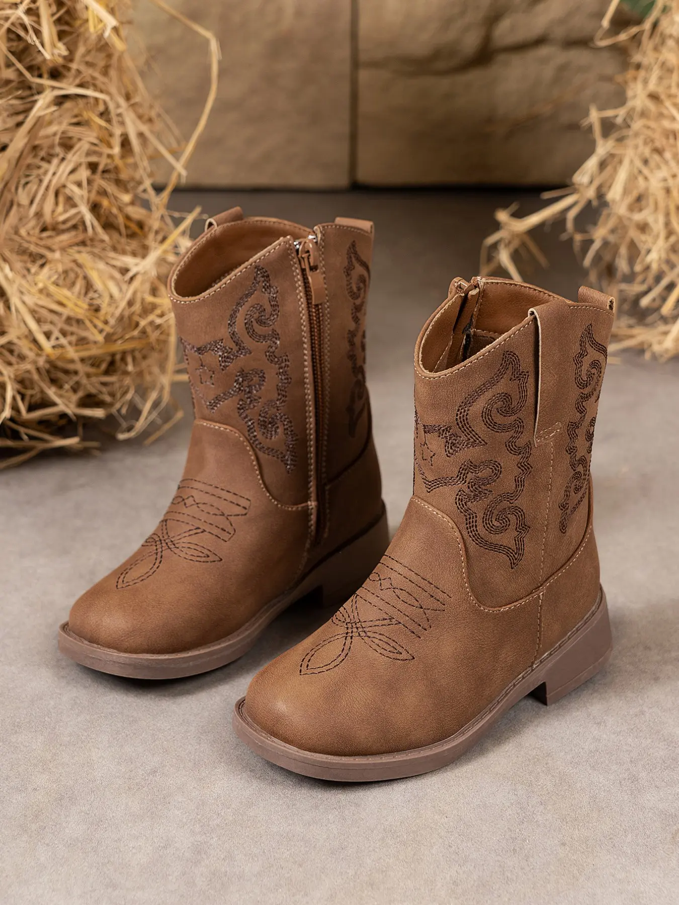 Girls' Western Style Cowboy Boots, Floral Embroidery, Side Zipper, Mid-Calf, Perfect for Parties, Weddings, Halloween