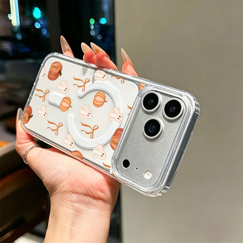 Watercolor Ghost Pumpkin Orange Bow TPU+PC Phone Case - Halloween Art for iPhone Series (17,16,15,14,13,12,11 Plus Pro Max) - Cute Autumn Tender Surprise Gift