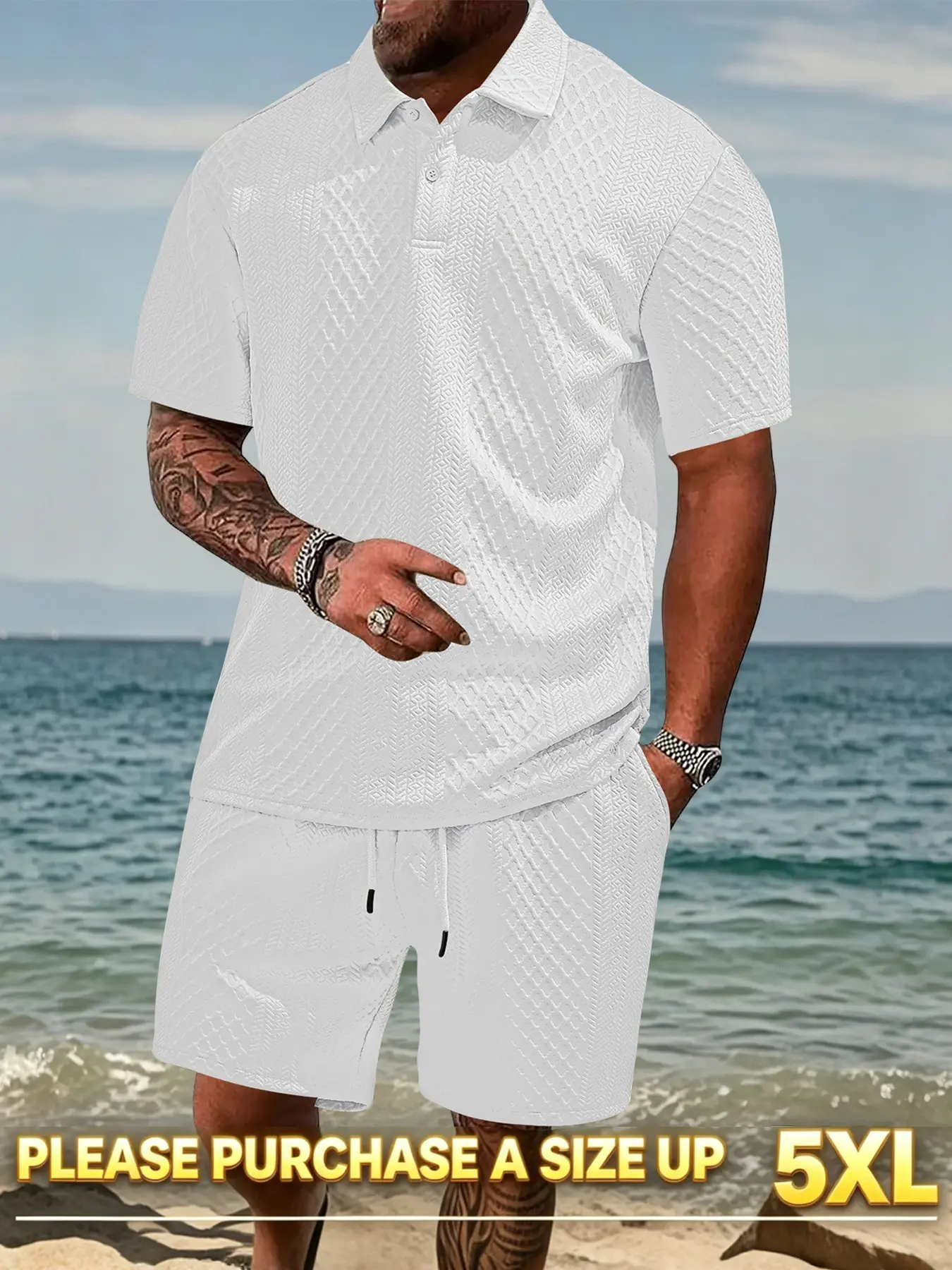 New Men's Two-Piece Set, Matching Plain Casual Polo Shirt with Drawstring Waist Shorts, Short Sleeve Collared Top and Pocket Sports Pants, Summer, Menswear