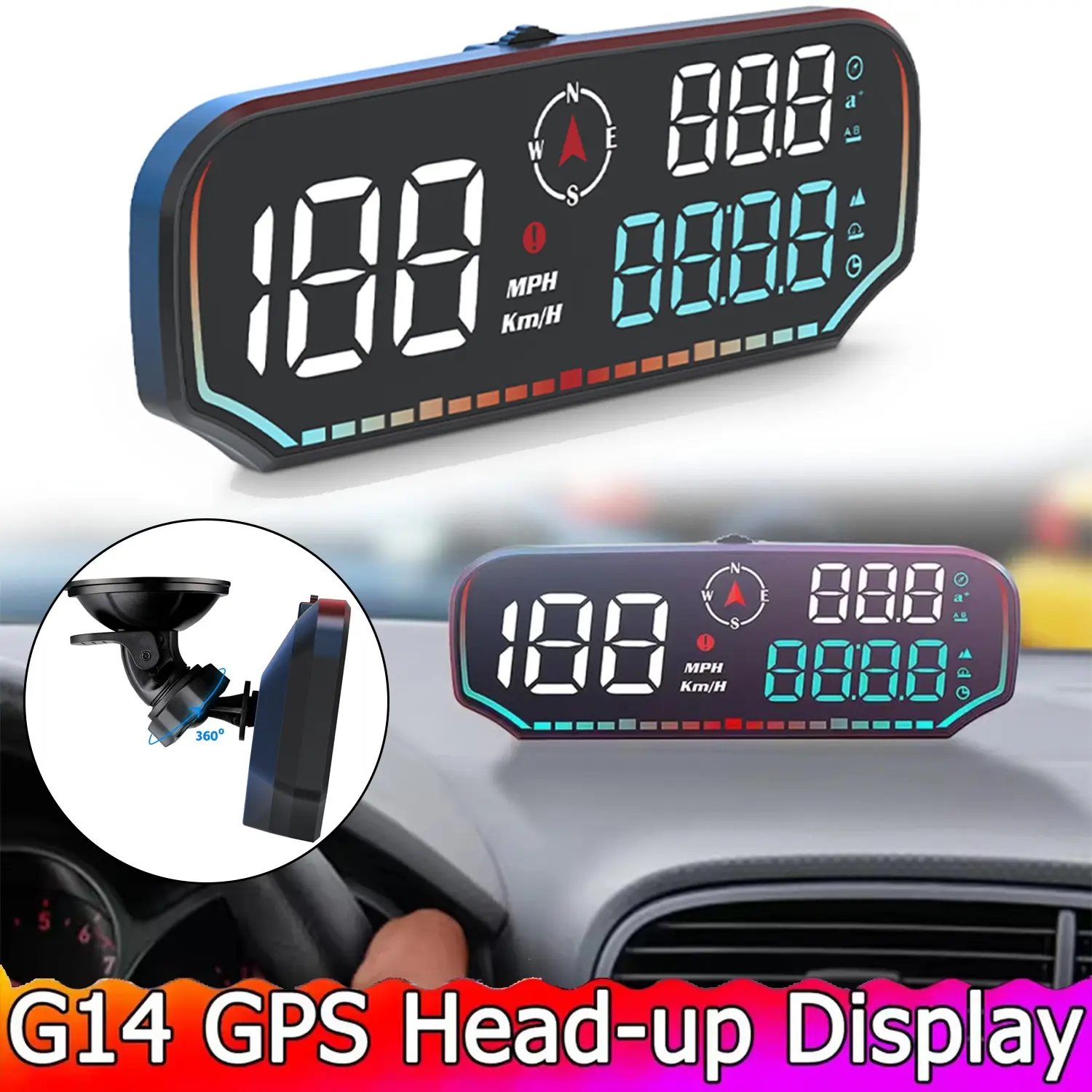 G14 GPS Digital Speedometer, Head-Up Display with Over-Speed Alert, USB Plug-And-Play, Universal Screen for All Vehicles