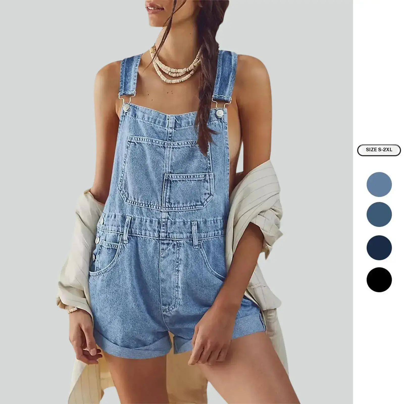 Imily Bela Womenswear Basic Overalls Shorts Denim Bib Straps Shorts Casual Solid Color Minimalist Rompers Jumpsuits With Pockets Pants