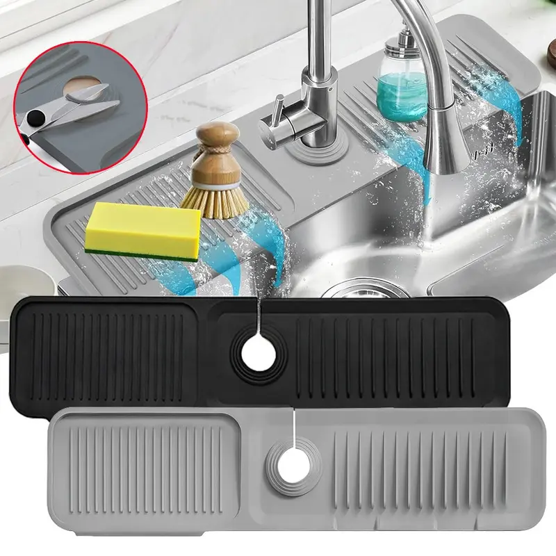 1pc Silicone Faucet Mat, Kitchen Sink Splash Guard, Countertop Drying Pad, Bathroom Countertop Protection Mat, Faucet Handle Drip Catcher Tray, Sponge Soap Drain Mat for Home Kitchen and Bathroom Use