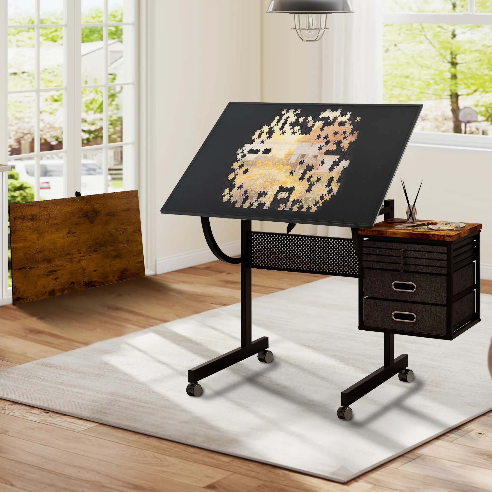 ARCH 1500 Piece Jigsaw Puzzle Table Metal Board with 4 Trays 2 Storage Drawers 4 Wheels Black Coffee Table for Adults Living Room Home Office Multipurpose Craft Hobby Desk, Living Room Table for Sofa Side, Bedroom, Office, Apartment and Home Decor