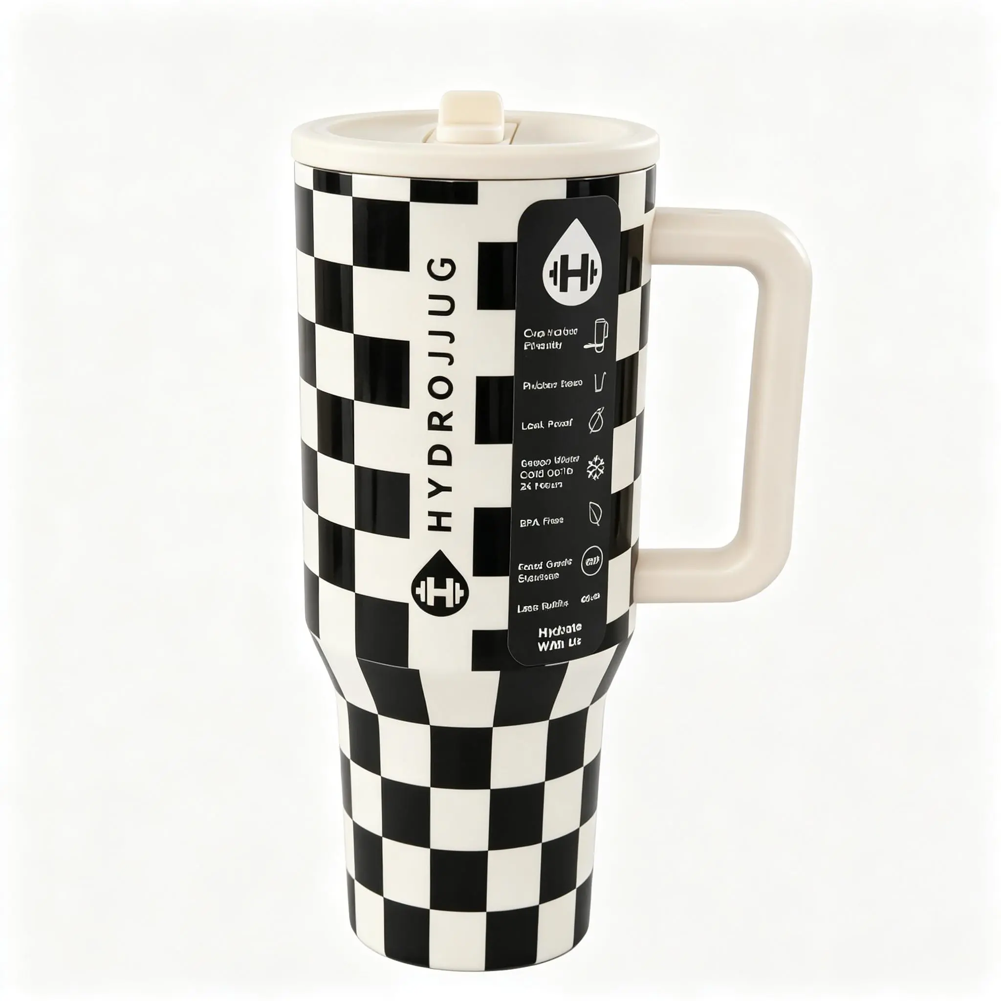 HydroJug 40oz Insulated Stainless Steel Tumbler Classic Black White Checkerboard Print Off-White Handle Lid & Straw 18/8 Food Grade Steel Leak Proof Twist Lid Keeps Cold 24 Hours Cup Holder Friendly Non-Slip Rubber Base BPA Free Large Hydration Mug For Gy