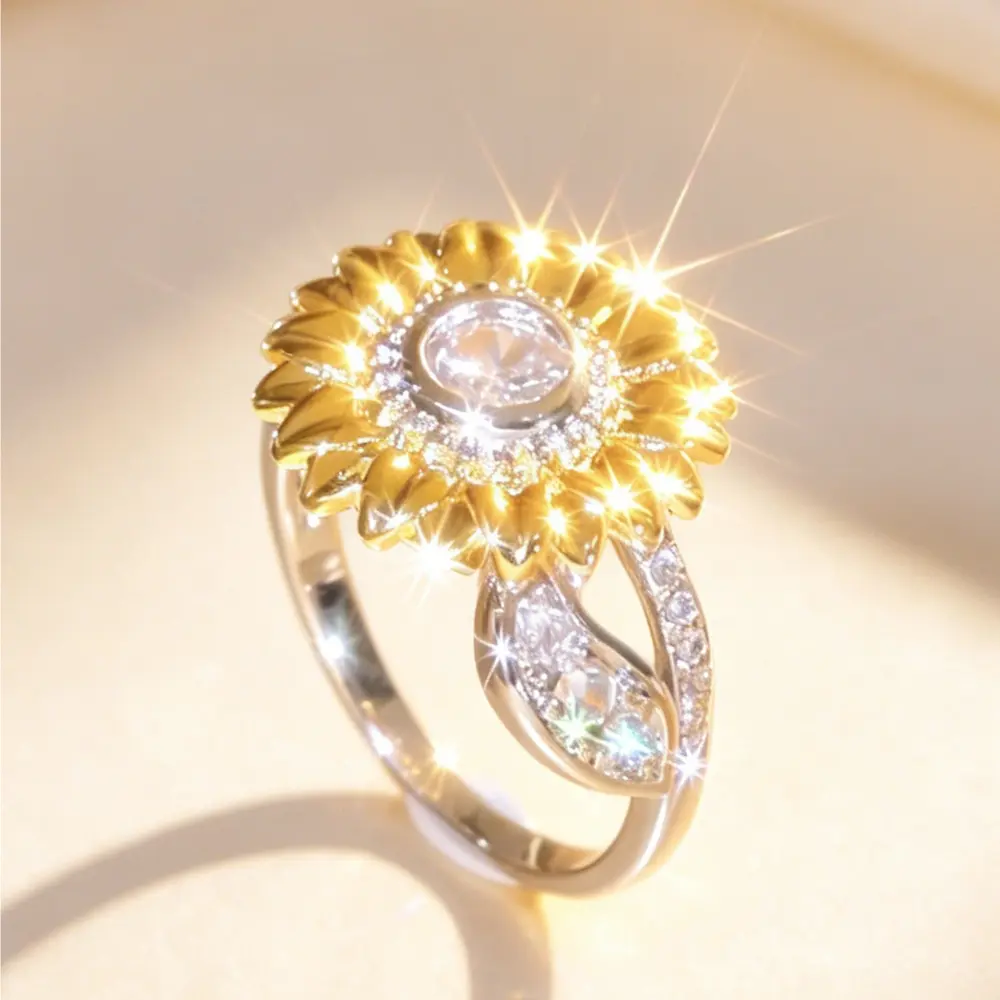 Sunflower Design Promise Ring, Two Tone Gold Silver Tone with Round Cut Stone, Floral Statement Band, Ideal for Anniversary, Birthday & Daily Wear
