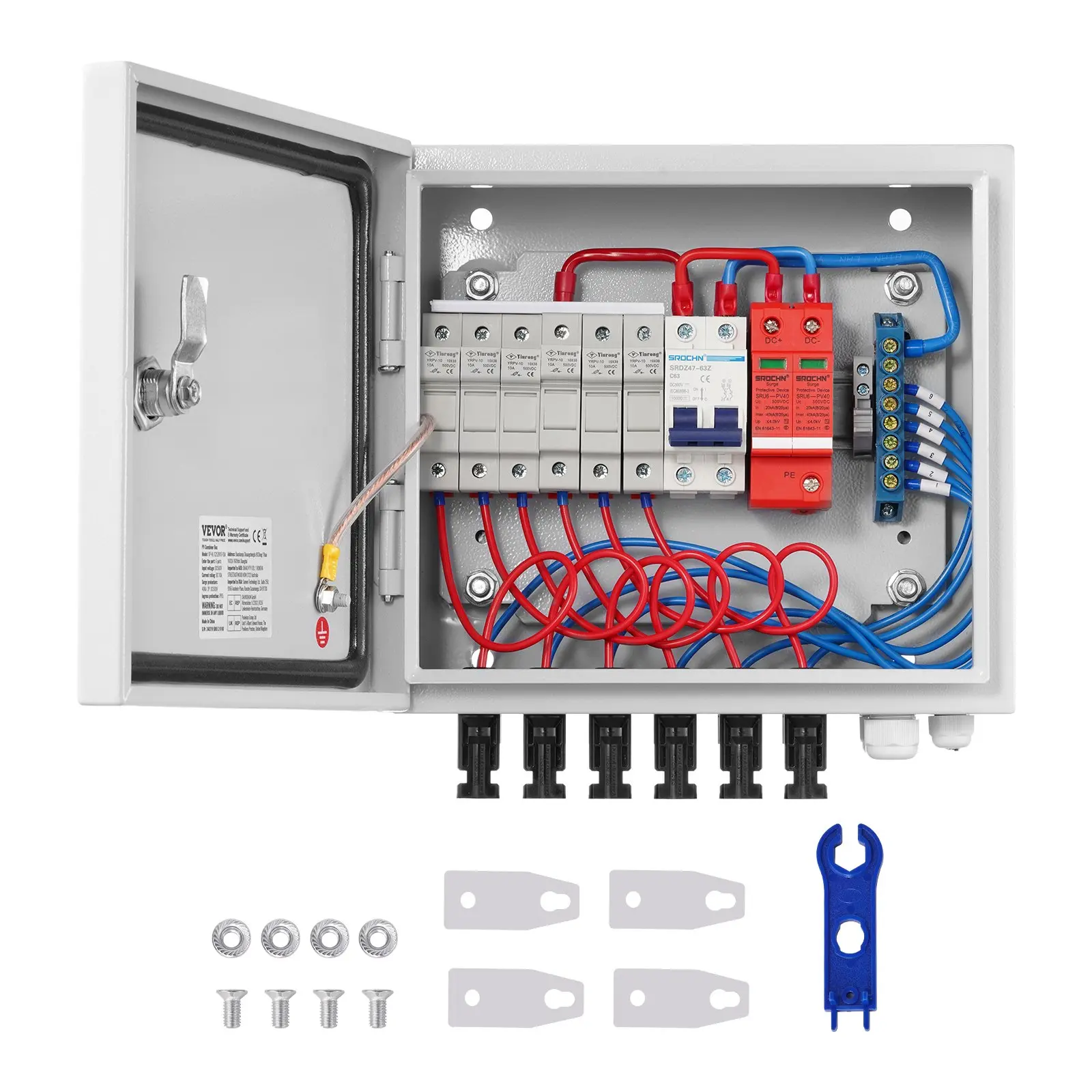 【DealsForYouDays】VEVOR PV Combiner Box, 6 String, Solar Combiner Box with 15A Rated Current Fuse 125A Circuit Breaker Lightning Arrester and Solar Connector, Steel Case for On/ Off Grid Solar Panel System, IP65