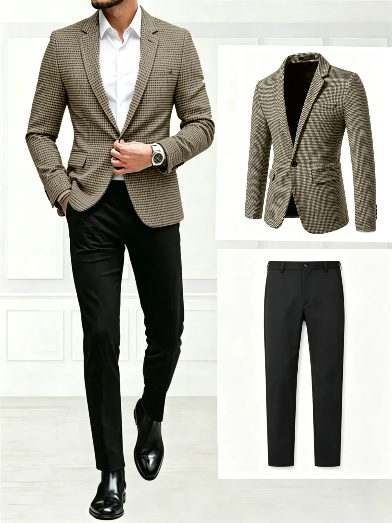 Men's Houndstooth Checked Suit Set, Slim-Fitting Classic Business Casual Two-Piece Outfit, Spring & Fall Wear, Perfect for Groomsmen and Bridesgrooms, Blazer