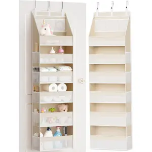 Over the Door Organizer, 6-Shelf Closet Hanging Storage with 13 Mesh Pockets, 55lbs Capacity Behind the Door Storage for Baby Nursery, Bathroom, Bedroom, and Dorm, Beige