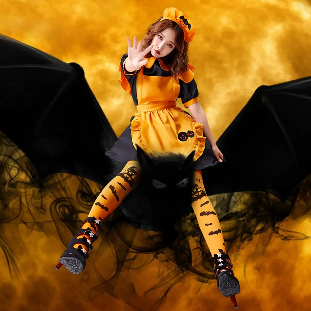 Vampire Maid Witch Dress With Jack Pumpkin Lantern Details For Halloween Themed Party Cosplay Wear