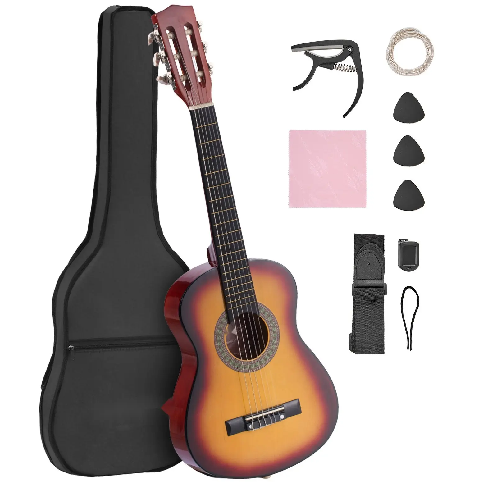 30 Inch Classical Guitar Beginner Starter Kit With Nylon Strings, Full-Size Sunburst Classical Guitar, Includes Practice Guide, Tuner, Extra Strings, Picks, Carry Case, Strap, Cleaning Cloth, Polishing Cloth And Beginner Tutorial