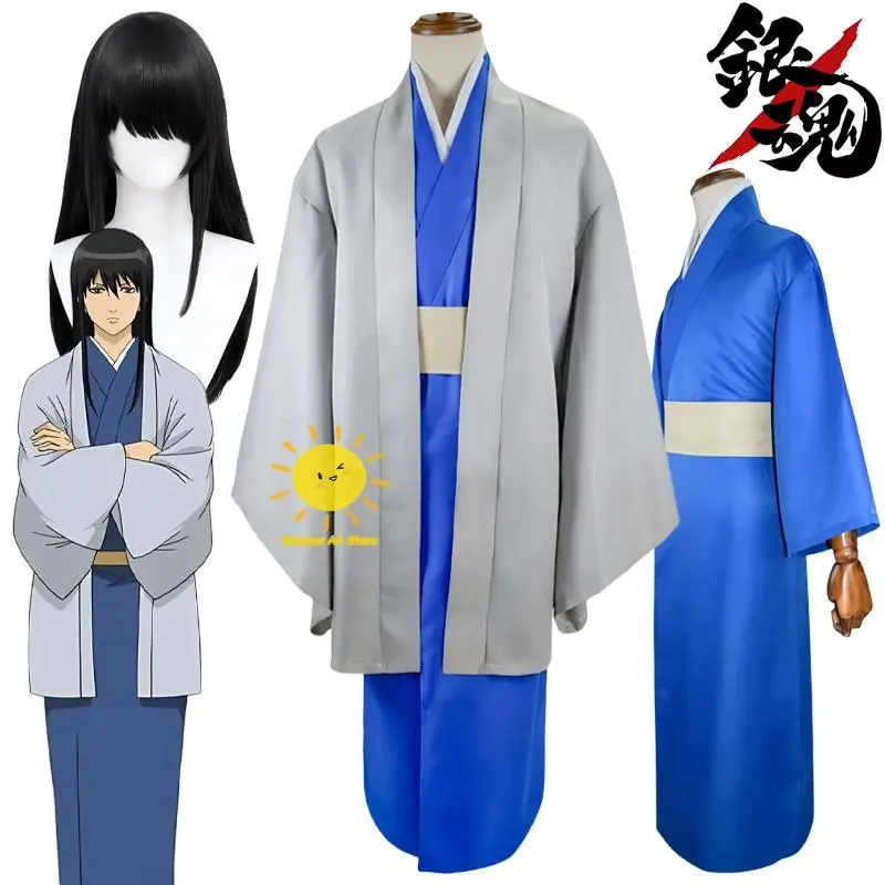 Anime Katsura Kotarou Cosplay Costume Gintama Cosplay Blue Kimono Belt Wig Katsura Samurai Suit Halloween Carnival Cos Adult Men