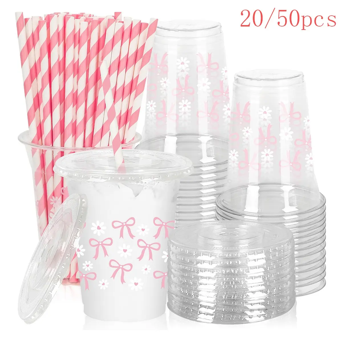Cute Bowknot Daisy Flower Design Party Plastic Clear Cups, Straws & Lids Set, Party Supplies Disposable Tableware, Disposable Cups with Lids and Straws, for Women Events, Wedding, New Year, Christmas, Plastic Cups with Lids